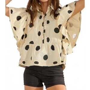 NEW BUCKETLIST ruffle sleeve pintuck polkadot top in ivory & black